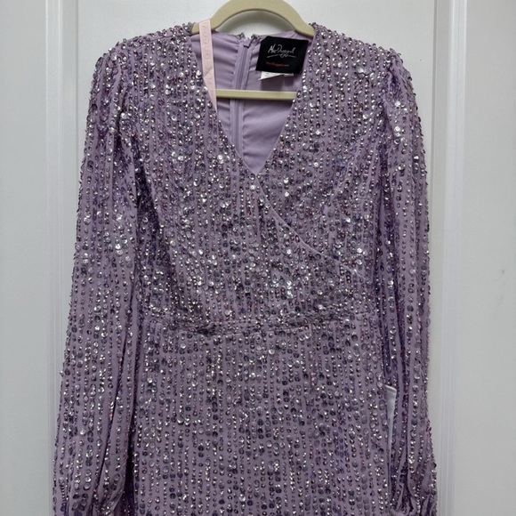 NWT Mac Duggal Purple Sequined Puff Sleeve V Neck Midi Lavender 14 - Picture 5 of 8